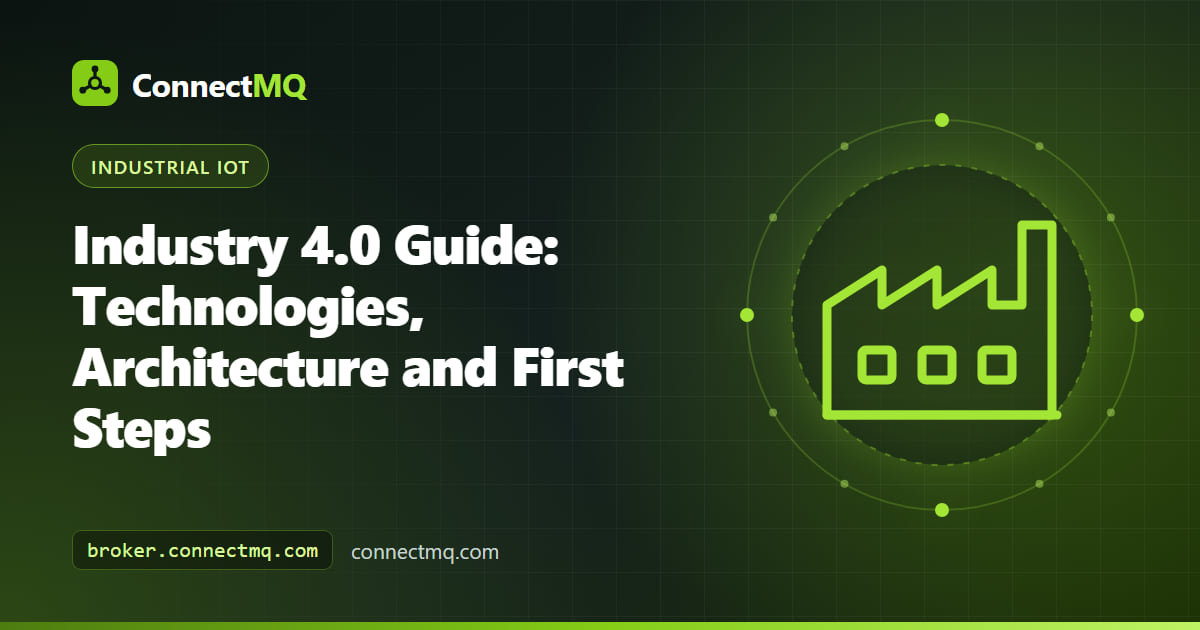 Industry 4.0 guide illustration of a connected smart factory with machines, sensors, cloud analytics and dashboards