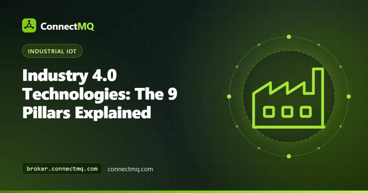 Nine connected icons for robots, cloud, AR, simulation and sensors illustrating Industry 4.0 technologies