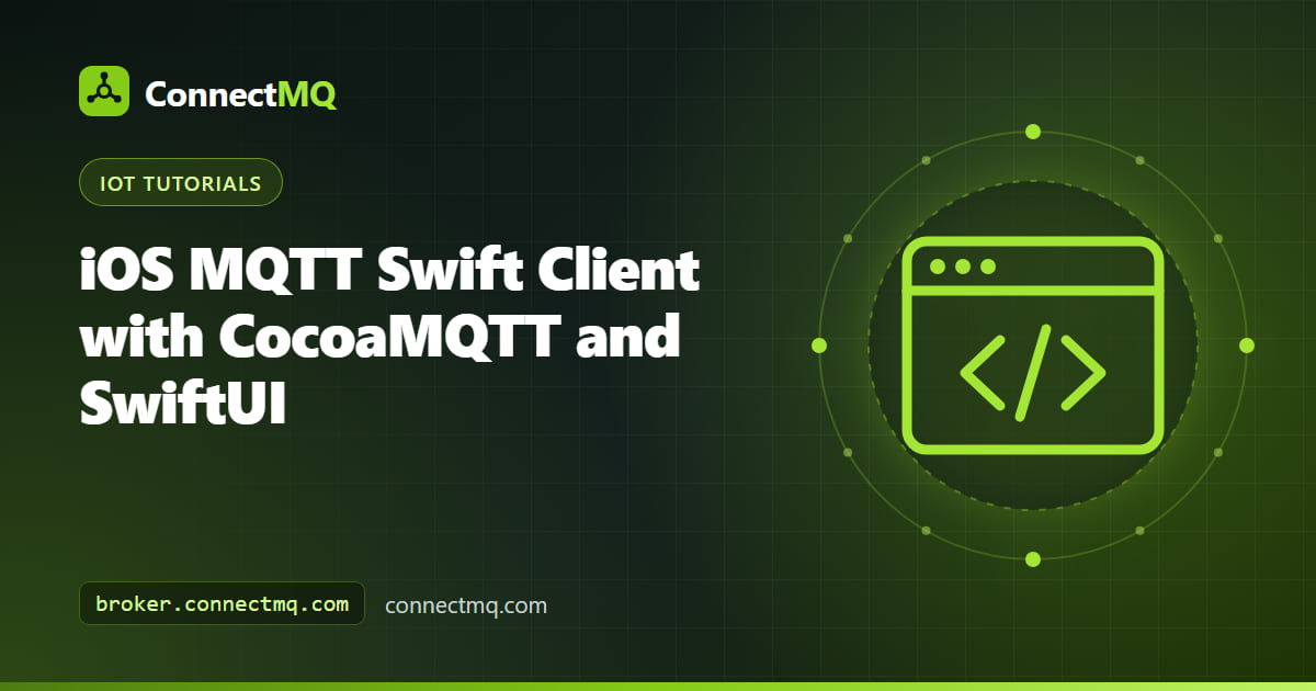 iOS MQTT Swift app on an iPhone showing live sensor readings from a cloud broker with a SwiftUI command button