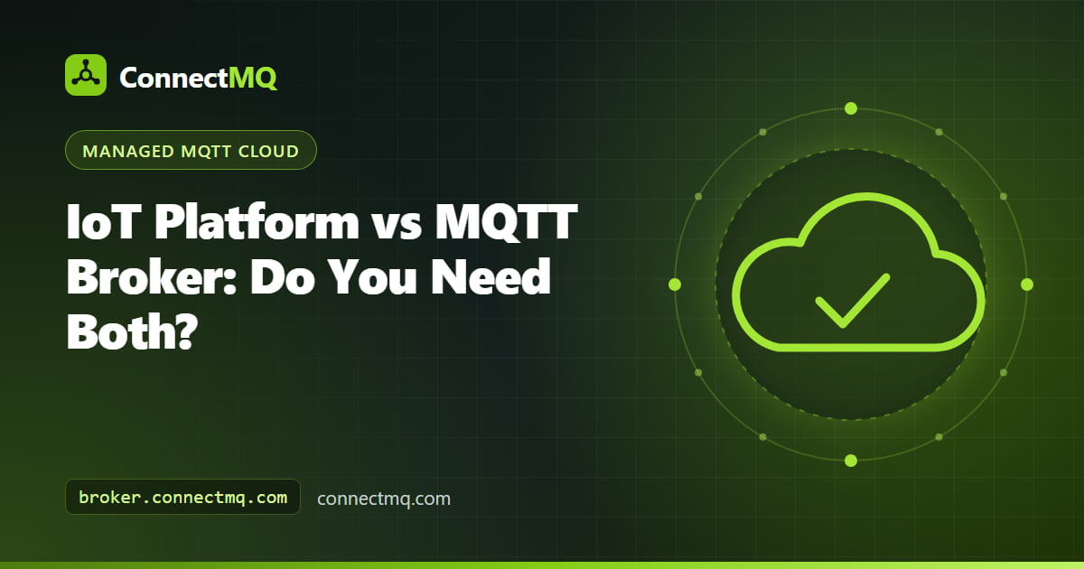 Layered diagram illustration of IoT platform vs MQTT broker, showing the broker as the messaging core with storage, rules and dashboards around it