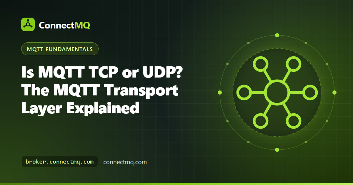 Illustration answering is MQTT TCP or UDP, showing MQTT packets riding a TCP stream while UDP datagrams branch off to an MQTT-SN gateway