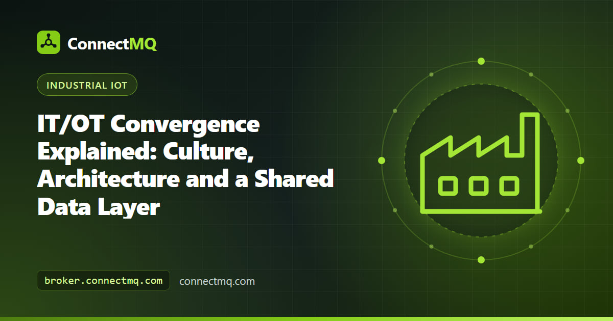 IT office and OT factory floor connected by a shared data layer, illustrating IT OT convergence