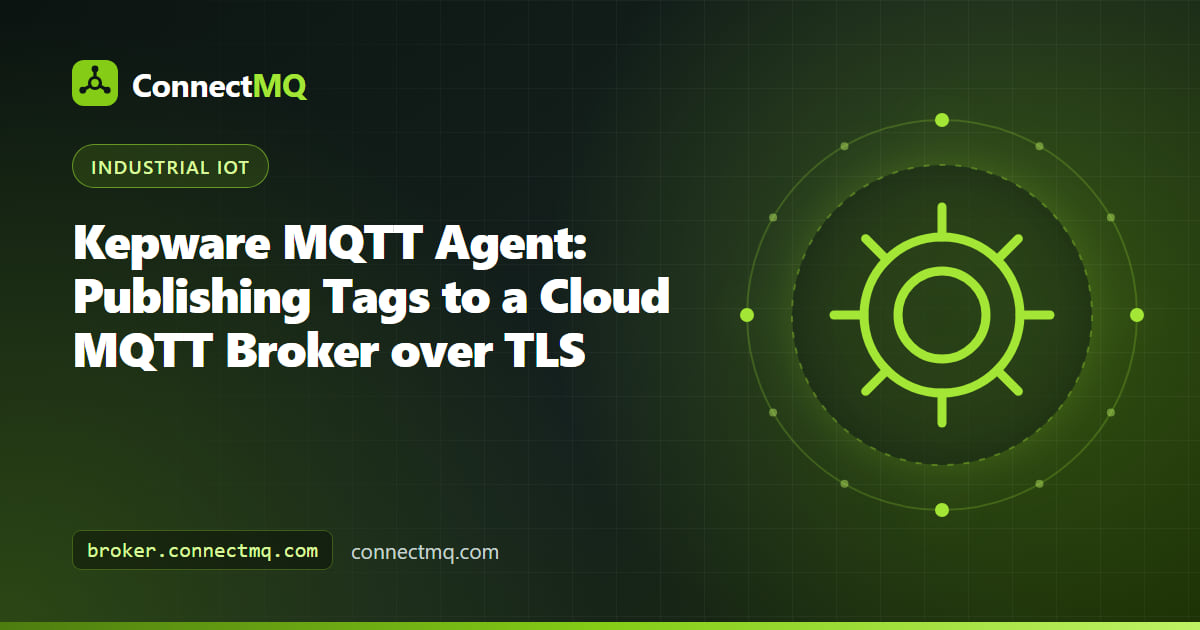 Kepware server publishing PLC tags through its MQTT agent over TLS to a cloud broker, illustrating Kepware MQTT setup