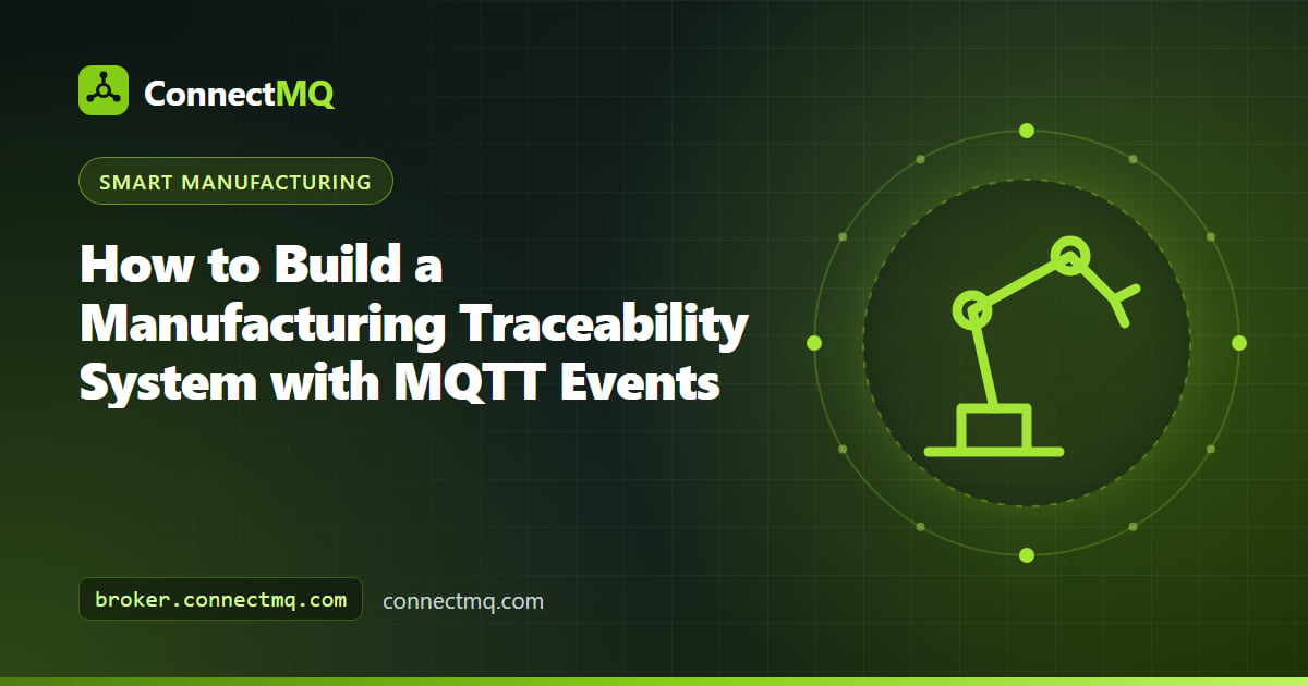 Manufacturing traceability system diagram with stations publishing serial number and process events over MQTT into a traceability database