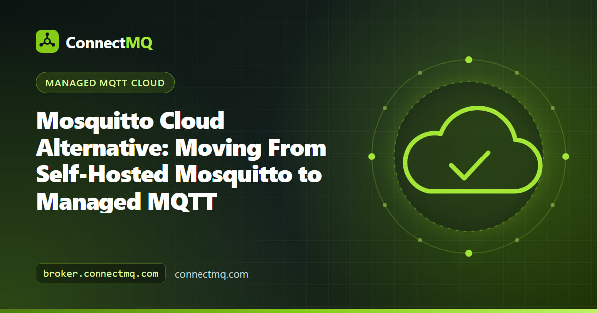 Illustration of a Mosquitto cloud alternative, showing a local Mosquitto server bridging its topics to a managed MQTT broker in the cloud