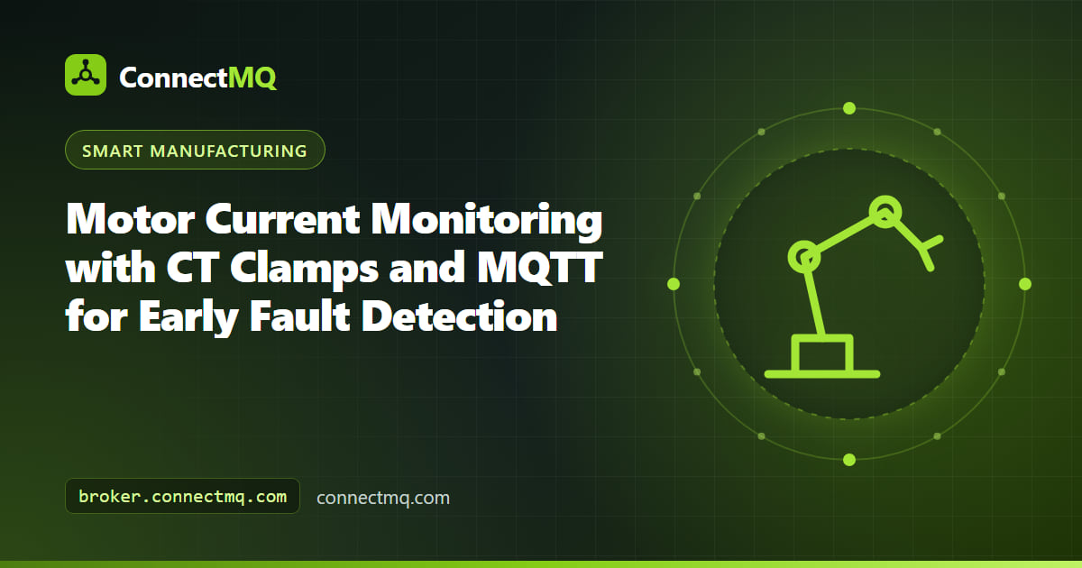 Motor current monitoring setup with a CT clamp on an electric motor cable sending RMS current readings to an MQTT dashboard