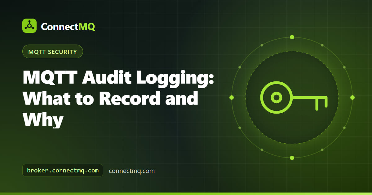MQTT audit logging pipeline showing broker connection events, authentication failures and admin actions flowing into a central log store