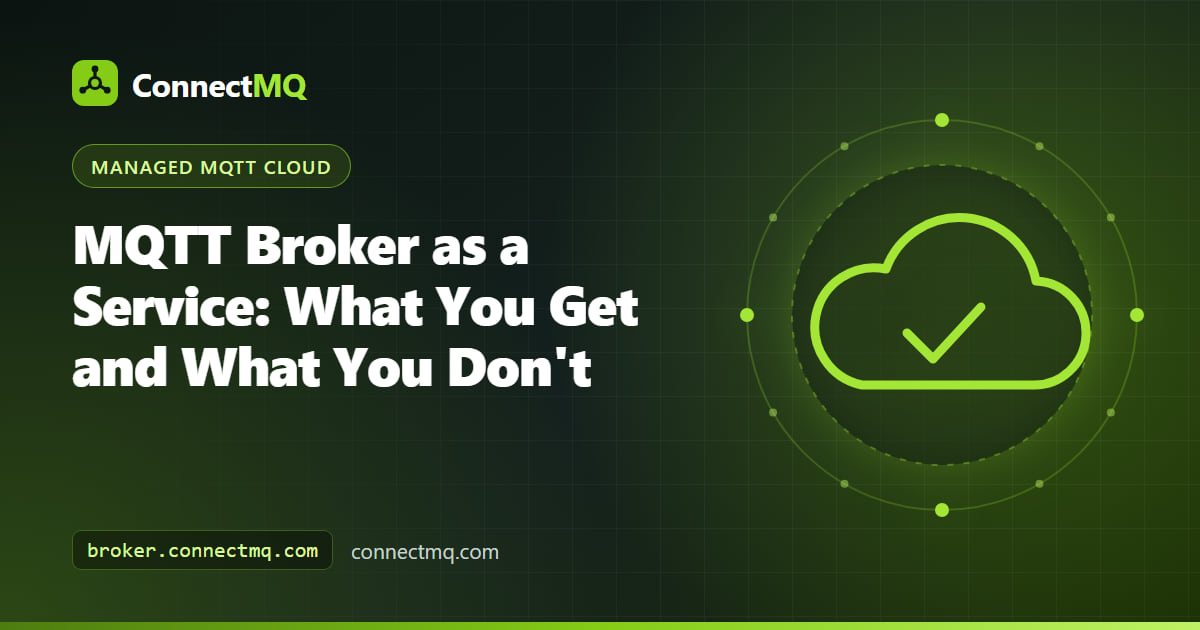 MQTT broker as a service illustration splitting provider responsibilities like patching and TLS from customer responsibilities like devices and data