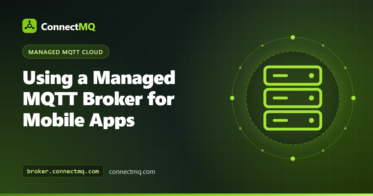 MQTT broker for mobile apps illustration showing smartphones exchanging real-time messages with IoT devices through a cloud broker