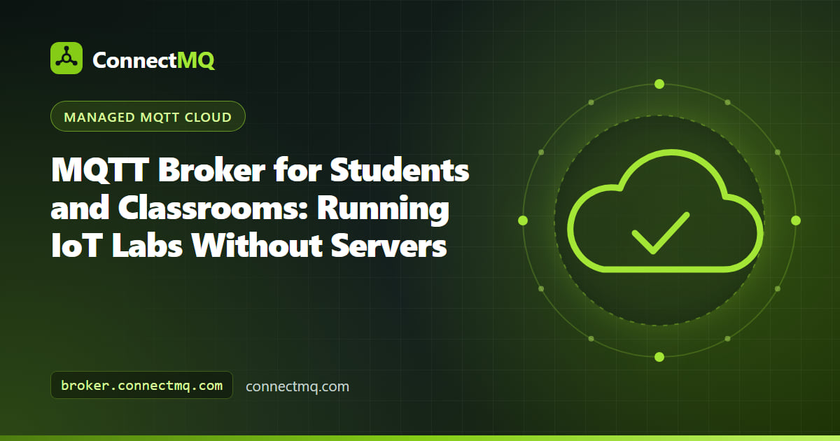 MQTT broker for students illustration showing a classroom of teams with ESP32 boards and laptops publishing to a shared cloud broker