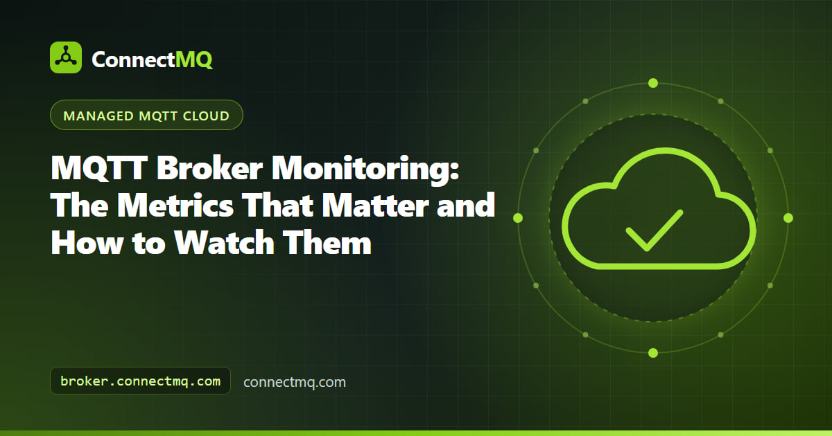 MQTT broker monitoring dashboard illustration with connection counts, message rates and latency charts next to a broker