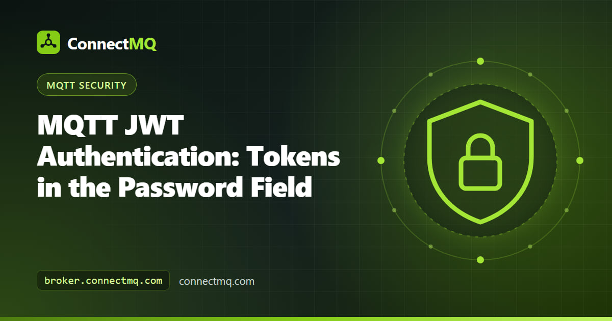 Diagram of mqtt jwt authentication showing a token issuer, a device and a broker validating a signed token