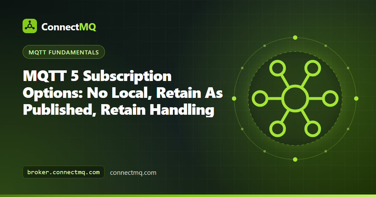 Diagram of mqtt subscription options showing No Local, Retain As Published and Retain Handling flags on a SUBSCRIBE packet