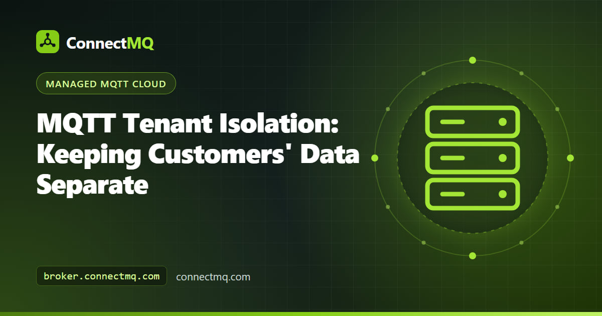 MQTT tenant isolation illustration with separate walled compartments for each customer's devices and messages on a broker
