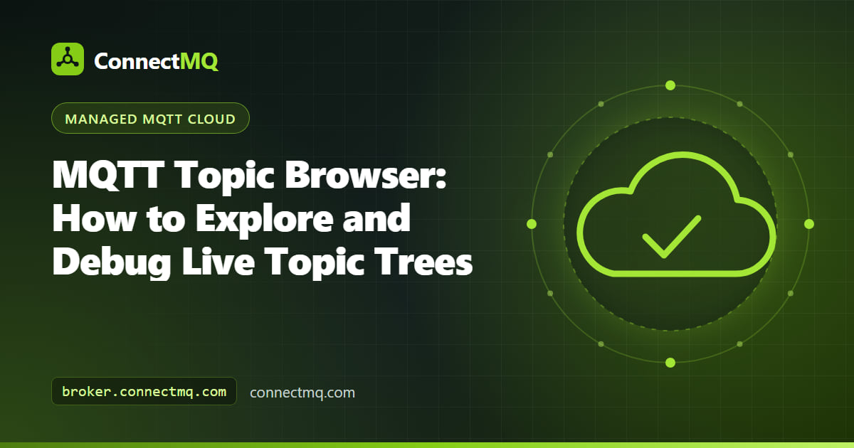 MQTT topic browser showing a live hierarchical topic tree with sensors, lines and machines updating in real time