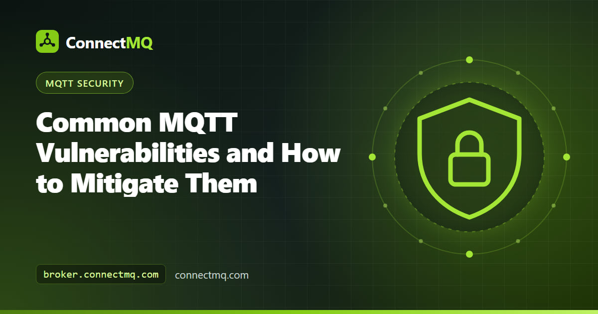 Illustration of common MQTT vulnerabilities across broker, client and network layers with mitigation shields on each layer