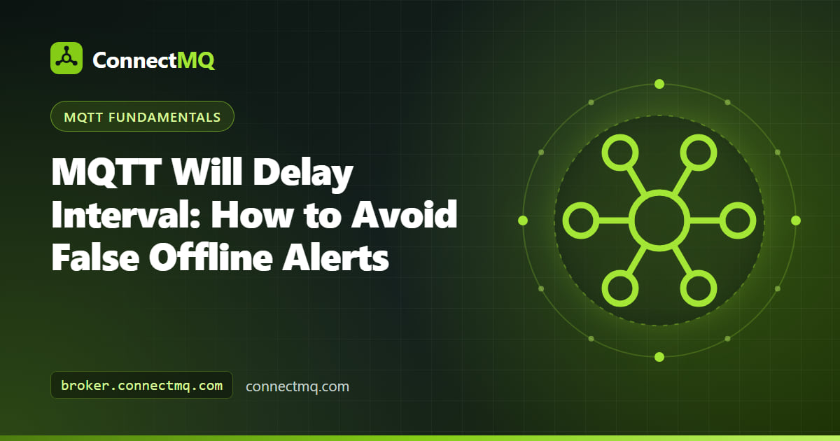 MQTT will delay interval illustration with a timer holding back an offline Last Will message while an IoT device quickly reconnects