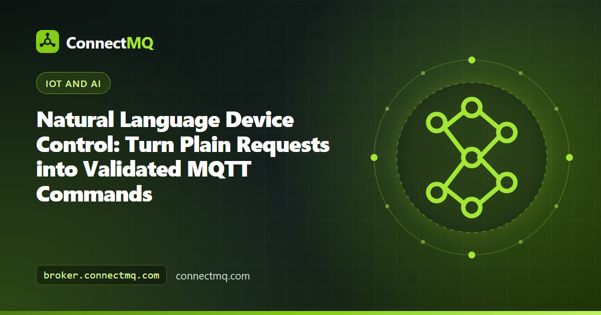 Natural language device control flow where a typed request becomes a validated MQTT command for lights and a thermostat