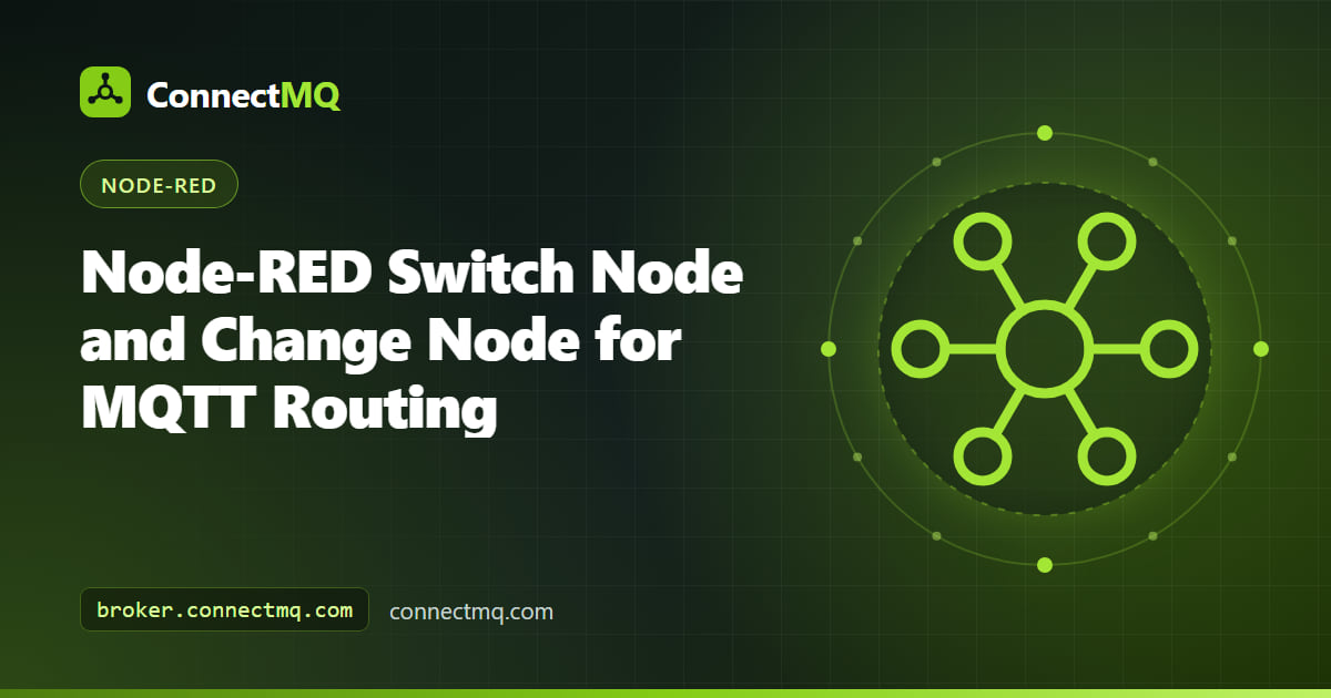 Node-RED switch node splitting MQTT messages into three outputs that feed change nodes and an MQTT out node