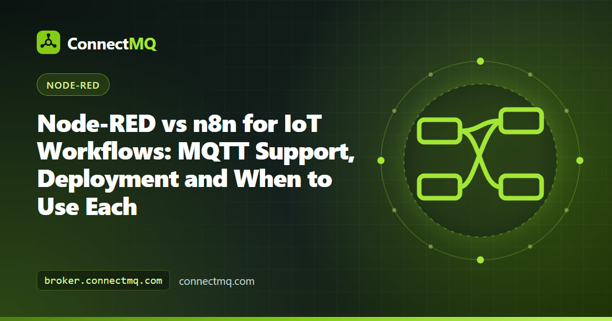 Node-RED vs n8n comparison showing an IoT flow and a business workflow both connected to an MQTT broker
