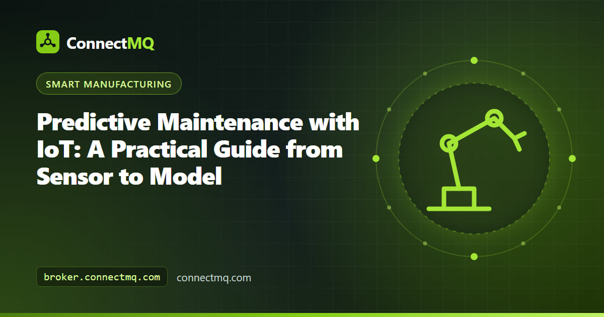 Predictive maintenance IoT illustration with vibration and temperature sensors on a motor and pump streaming condition data over MQTT to an anomaly chart