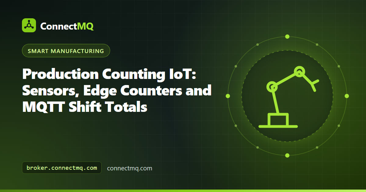 Production counting IoT setup with a photoelectric sensor on a conveyor, a Raspberry Pi edge counter and a shift total display updated over MQTT