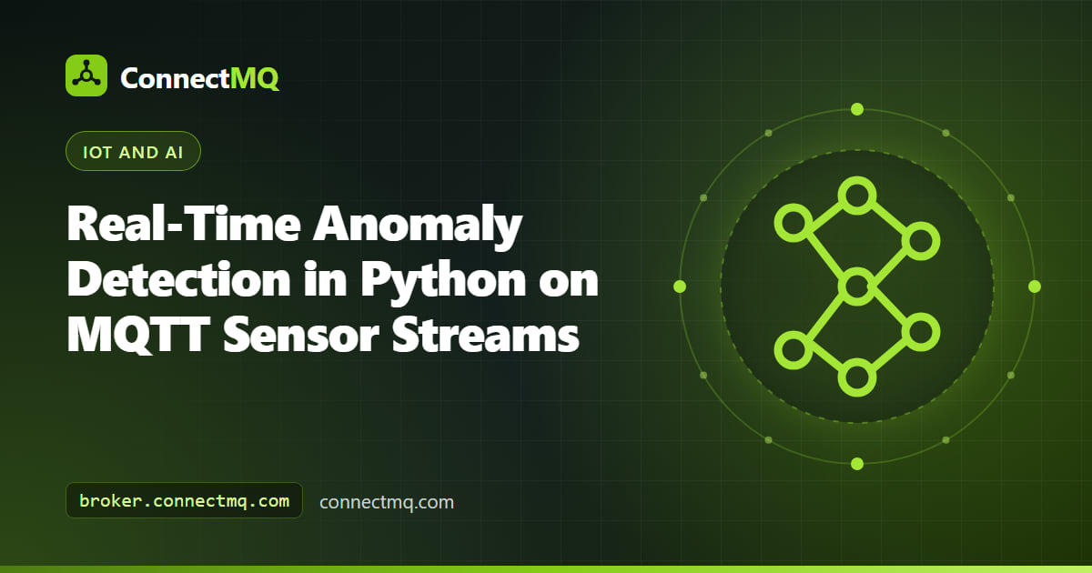Real-time anomaly detection Python tutorial illustration with a sensor stream, rolling statistics chart and MQTT alerts topic