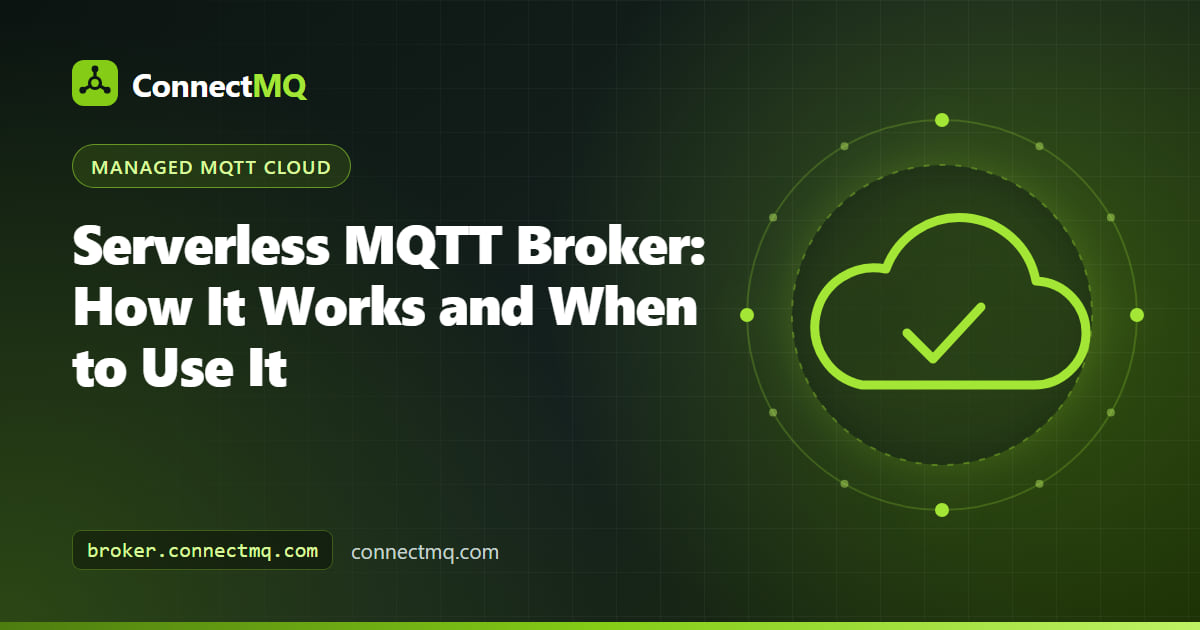 Serverless MQTT broker illustration showing many small device groups connecting to one shared cloud cluster with isolated tenant lanes