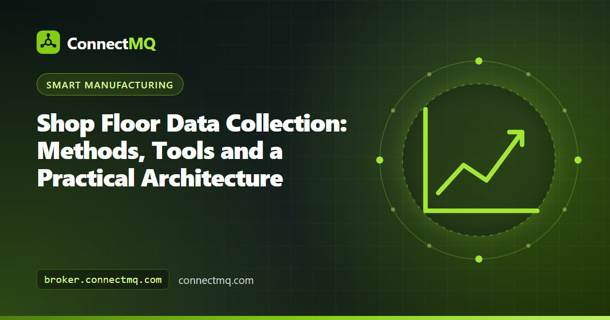 Shop floor data collection illustration with legacy machines, PLCs, retrofit sensors and an edge gateway sending data to an MQTT broker