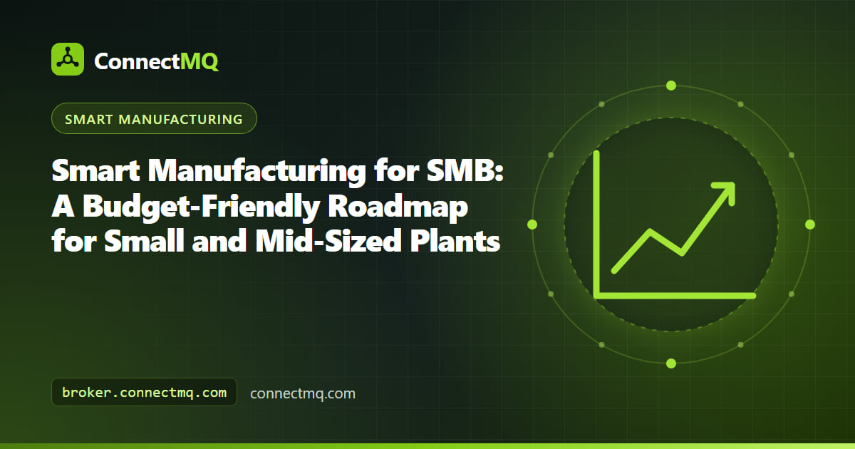 Smart manufacturing for SMB illustration showing a small workshop with a few sensor-equipped machines streaming data to a cloud MQTT broker and dashboard