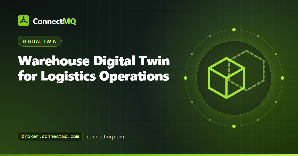 Warehouse digital twin in 3D showing racks, AGVs moving between aisles and conveyor sections colored by live status