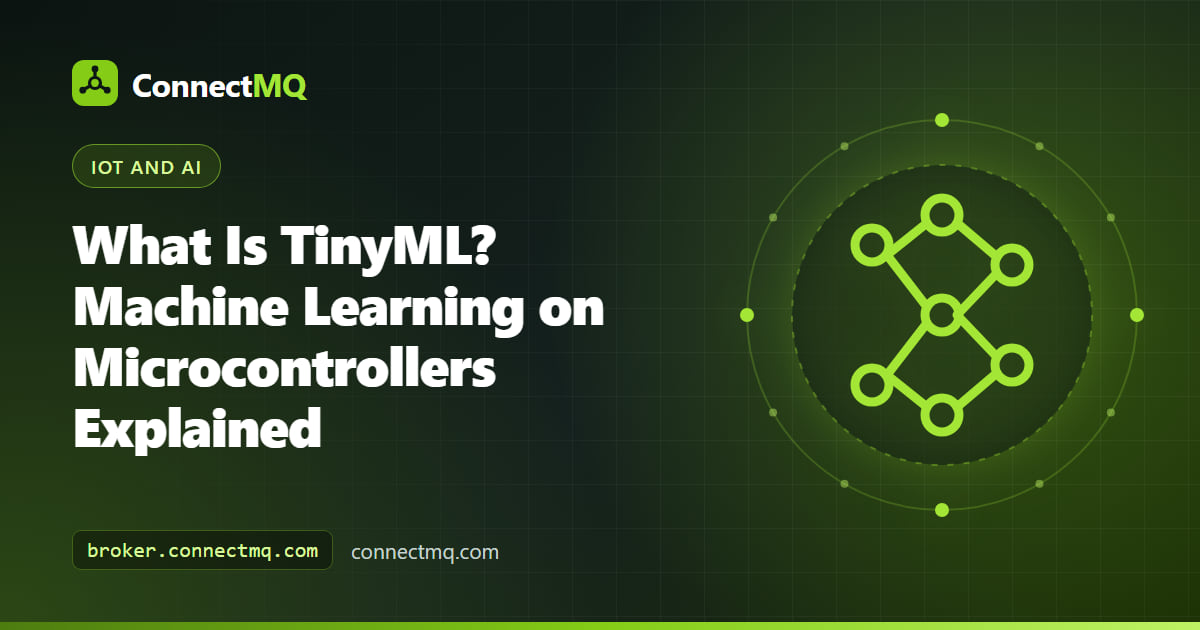 What is TinyML illustration showing a microcontroller board running a tiny neural network and publishing a small inference message over MQTT