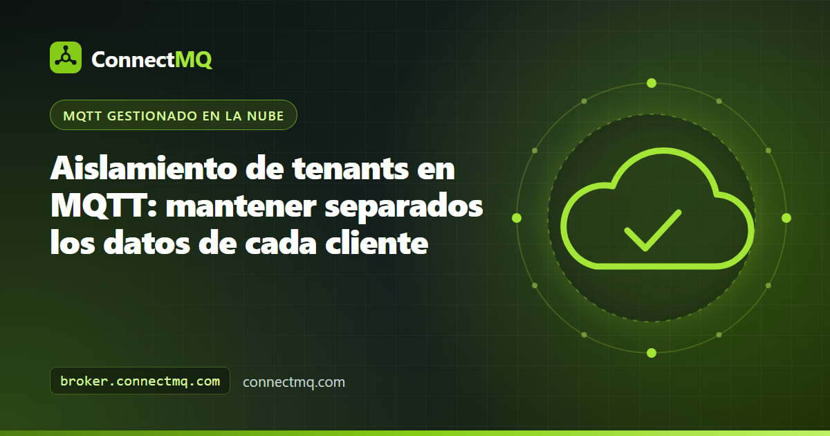 Ilustración del aislamiento de tenants en MQTT con compartimentos amurallados separados para los dispositivos y mensajes de cada cliente en un broker