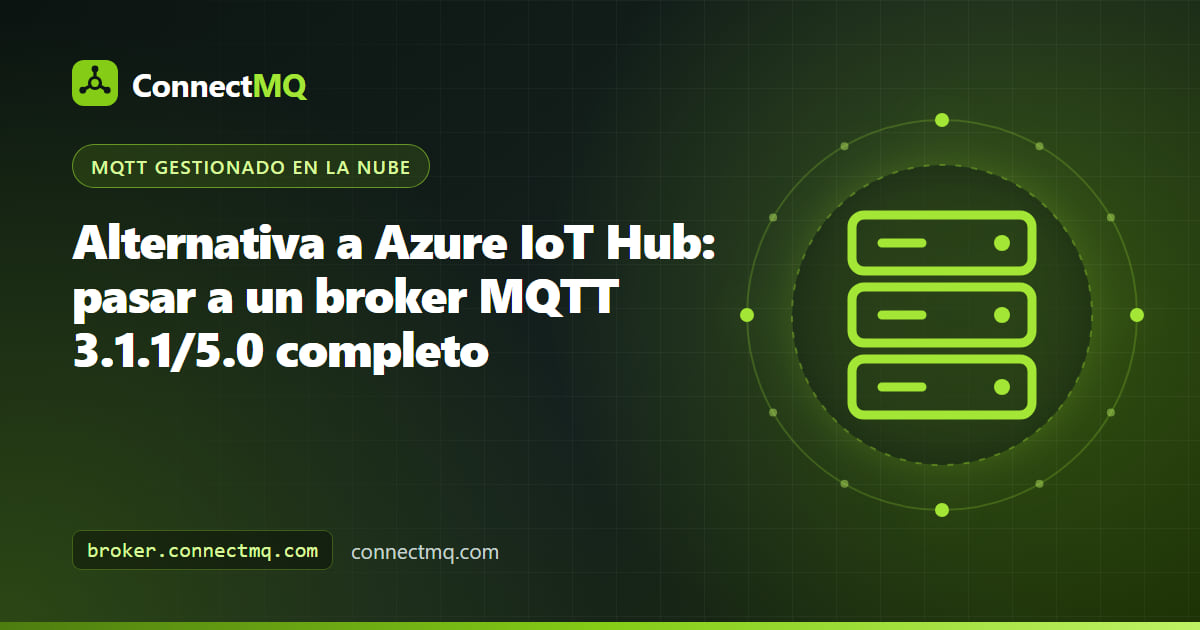 Ilustración de una alternativa a Azure IoT Hub que contrasta la mensajería de dispositivo a nube con un broker MQTT completo de publicación/suscripción