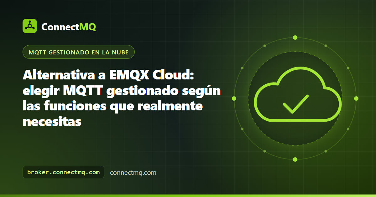 Ilustración de una lista de funciones para elegir una alternativa a EMQX Cloud, con dispositivos industriales publicando datos Sparkplug B en un broker MQTT gestionado