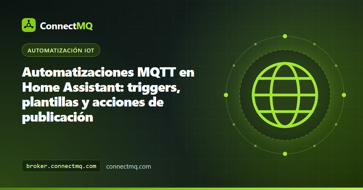 Flujo de automatización MQTT en Home Assistant con un trigger MQTT, una condición de plantilla y una acción de publicación hacia un dispositivo