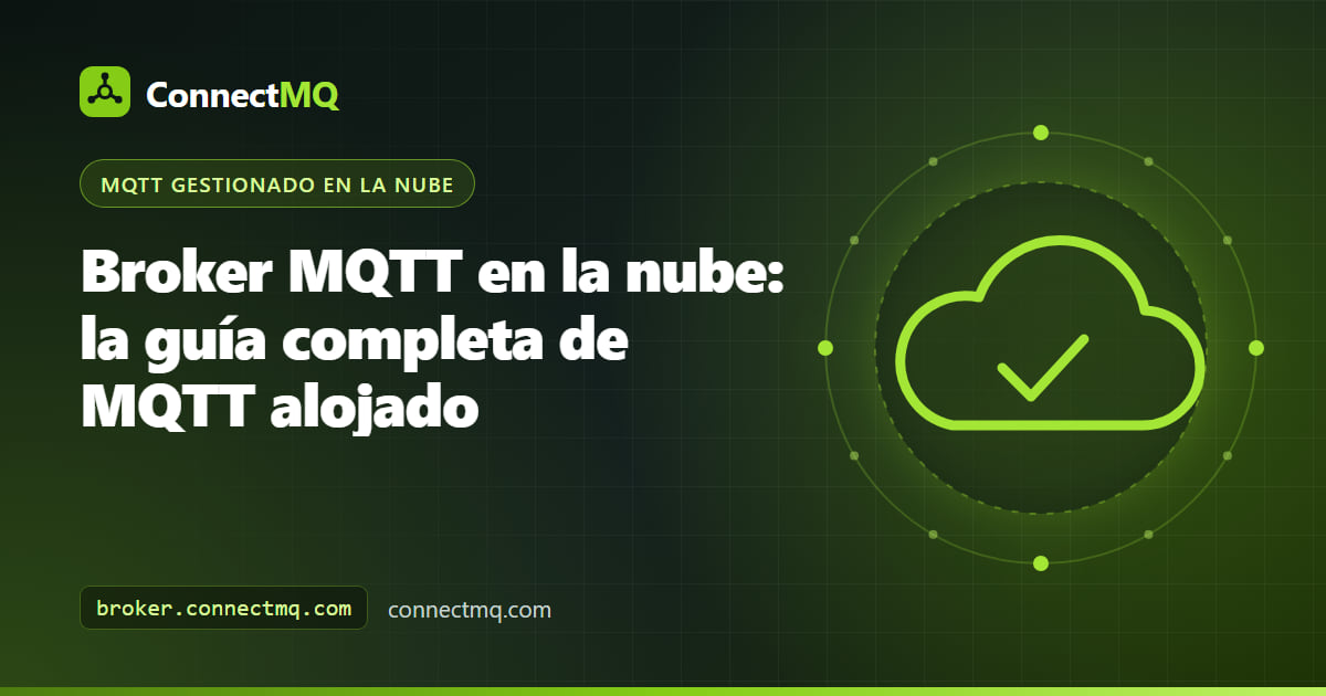 Ilustración de un broker MQTT en la nube con dispositivos, gateways y dashboards conectándose de forma segura a un broker alojado en la nube