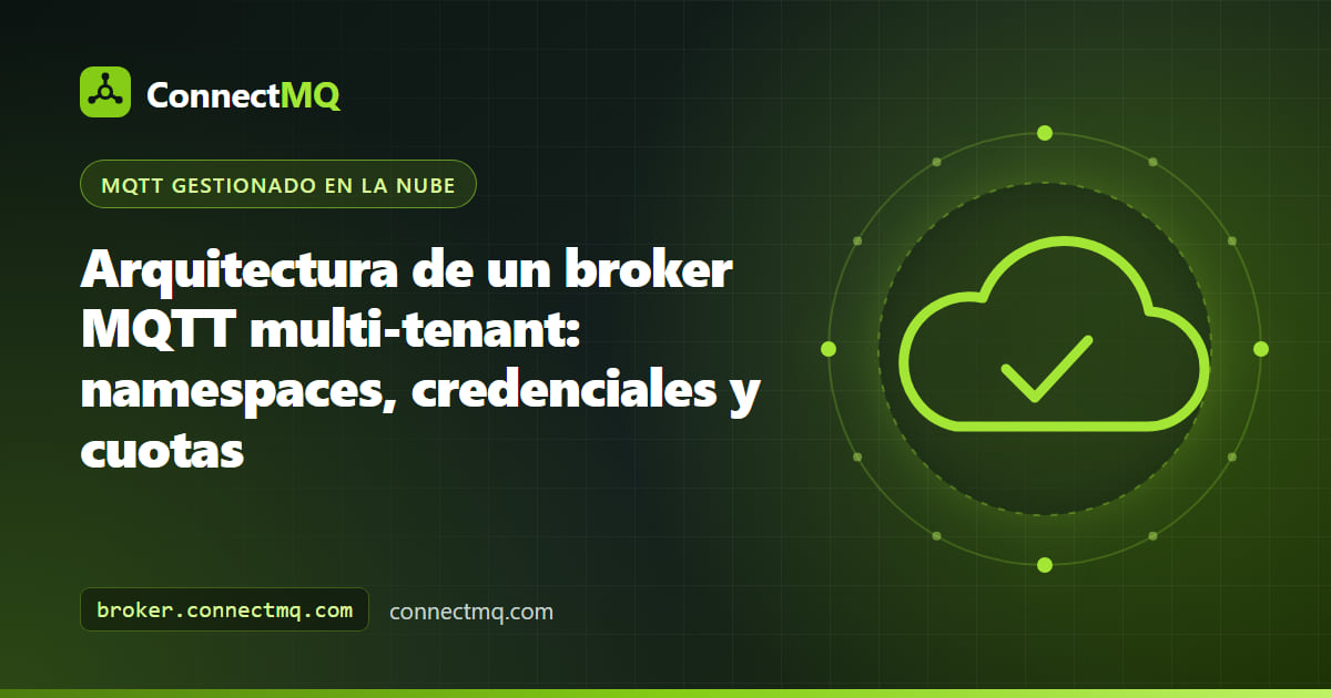 Diagrama de arquitectura de un broker MQTT multi-tenant con namespaces, credenciales e indicadores de cuota separados por tenant en un único clúster compartido