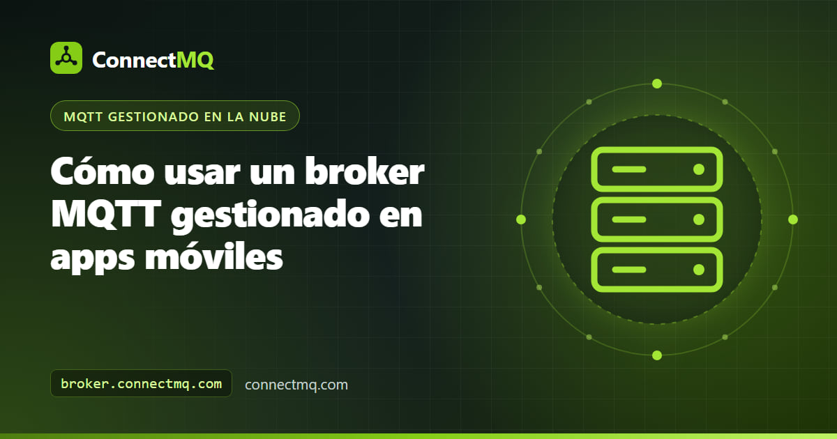 Ilustración de un broker MQTT para apps móviles con smartphones que intercambian mensajes en tiempo real con dispositivos IoT a través de un broker en la nube
