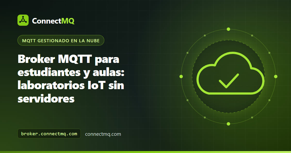 Ilustración de un broker MQTT para estudiantes con un aula de equipos que publican desde placas ESP32 y portátiles en un broker compartido en la nube