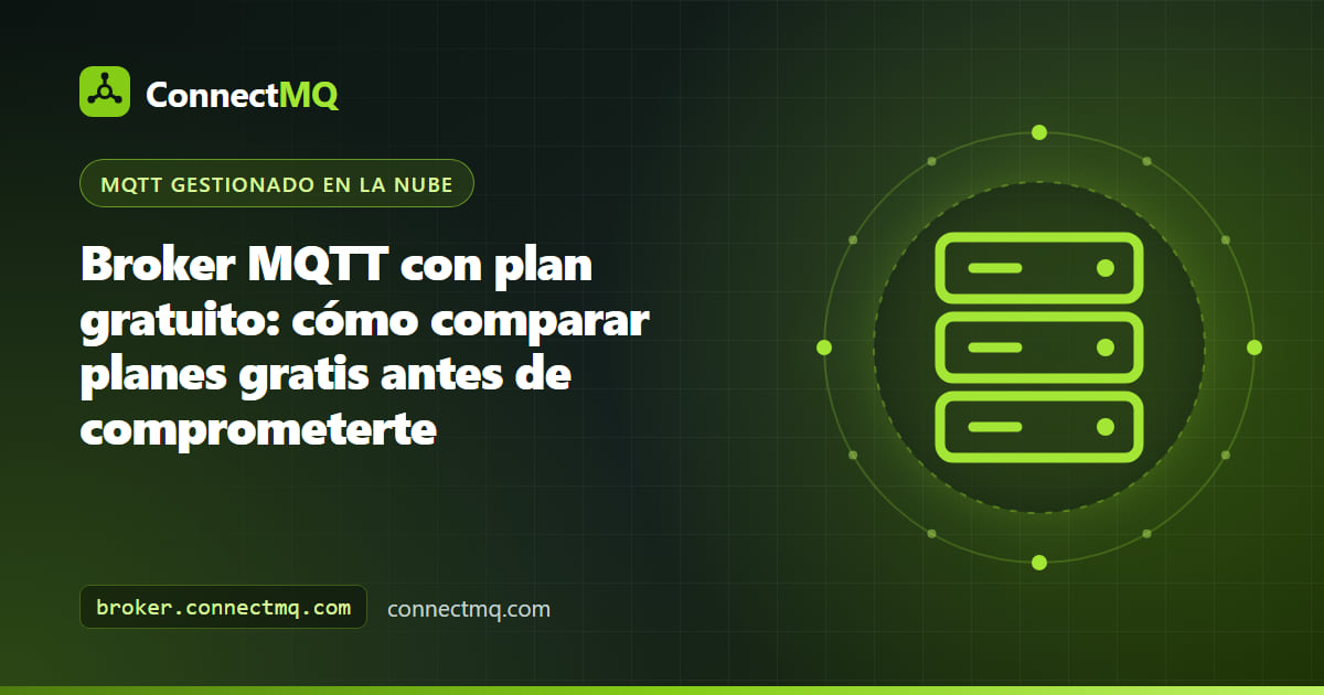 Ilustración comparativa de planes gratuitos de brokers MQTT con tarjetas que muestran límites de conexiones, tamaño de mensaje y QoS