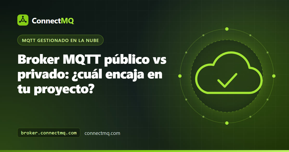 Ilustración de un broker MQTT público vs privado, con un espacio de topics abierto y compartido a un lado y un broker privado protegido con candado al otro