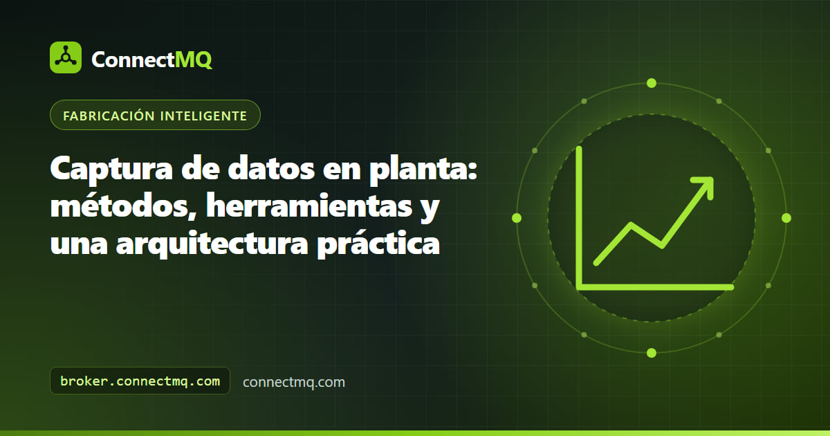 Ilustración de captura de datos en planta con máquinas antiguas, PLC, sensores retrofit y un gateway de edge que envía datos a un broker MQTT