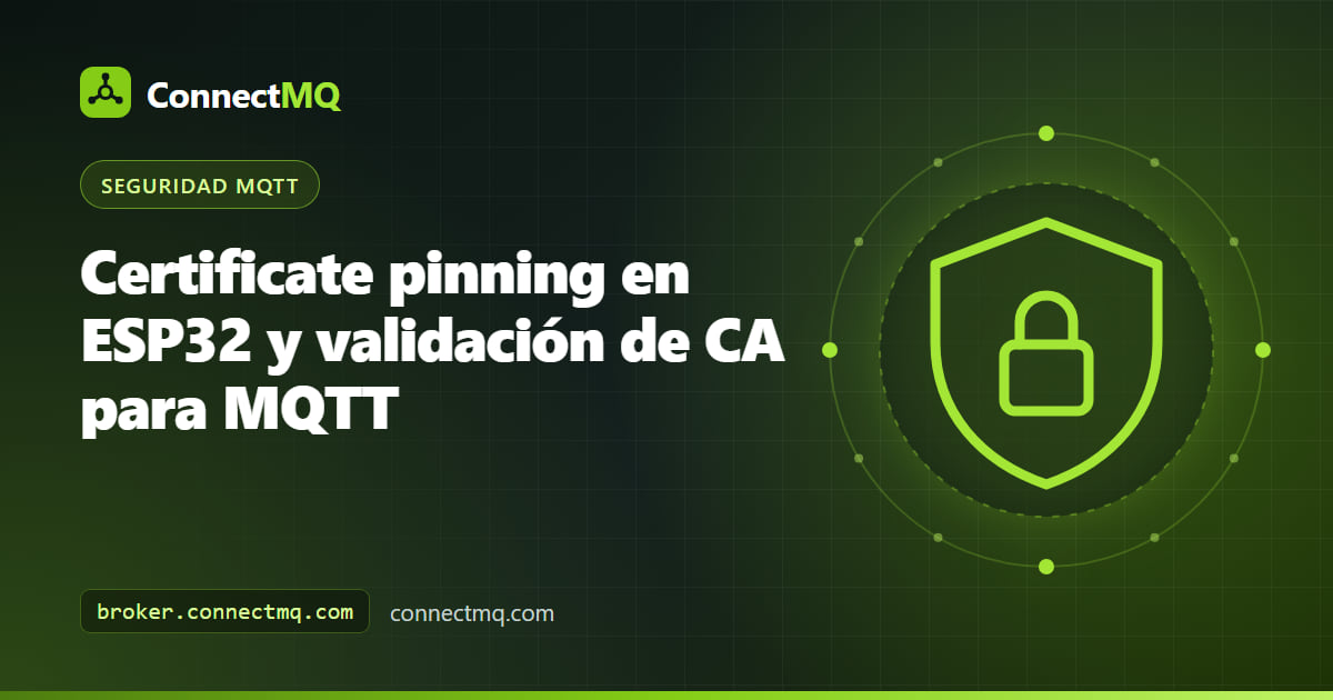 Ilustración de certificate pinning en ESP32 con un microcontrolador que guarda un certificado raíz fijado mientras se conecta a un broker MQTT por TLS