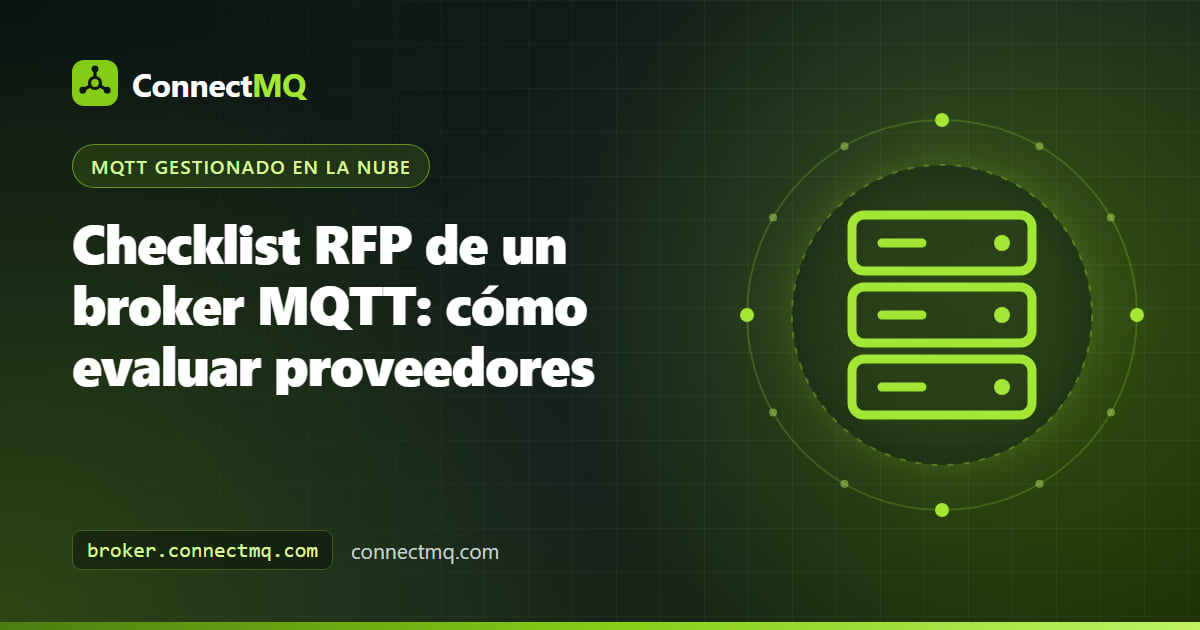 Checklist RFP de un broker MQTT en una carpeta con criterios de soporte de protocolo, seguridad, aislamiento y herramientas