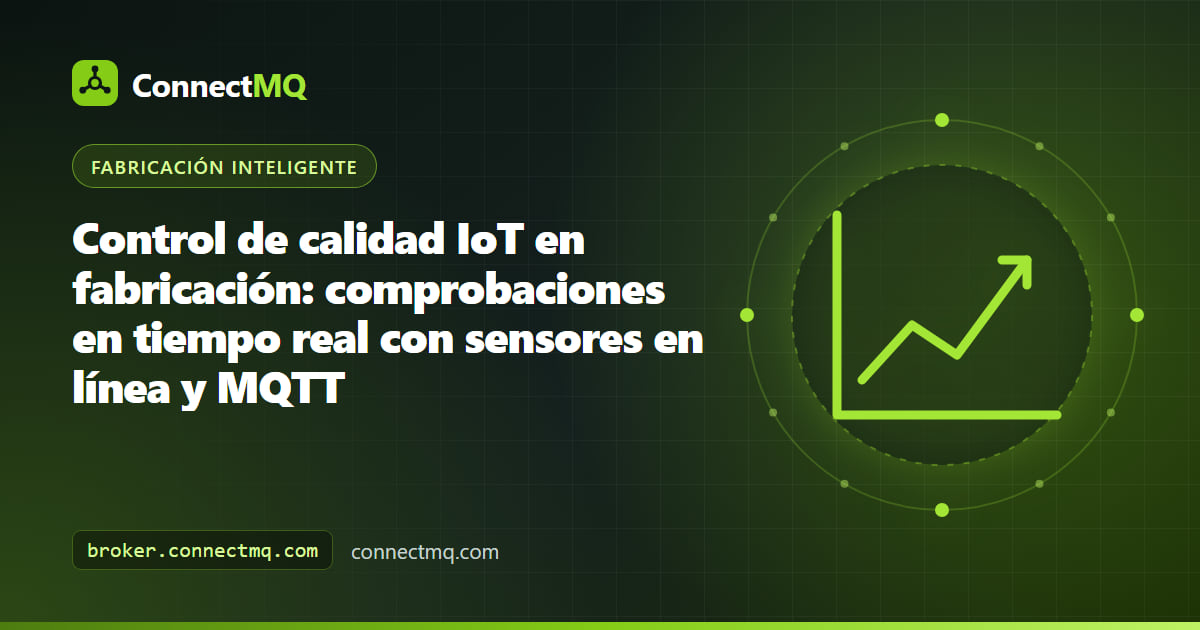 Línea de fabricación con control de calidad IoT, sensores en línea y calibres que publican mediciones en un dashboard de calidad MQTT en la nube
