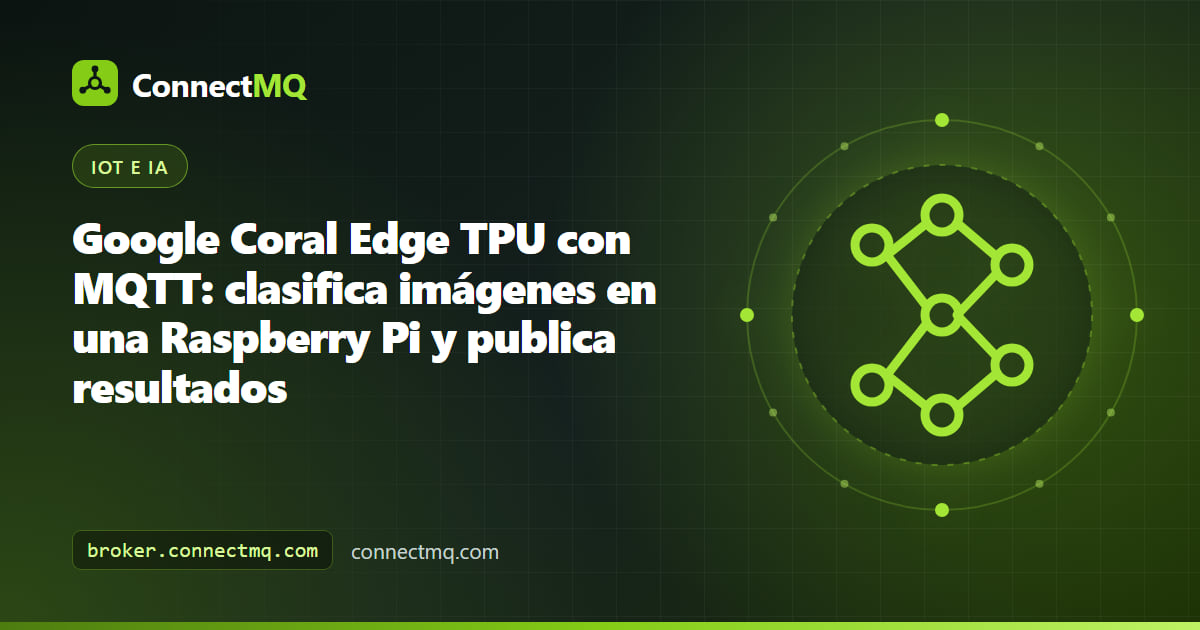 Acelerador USB Coral Edge TPU conectado a una Raspberry Pi que envía resultados de clasificación de imágenes por MQTT a la nube