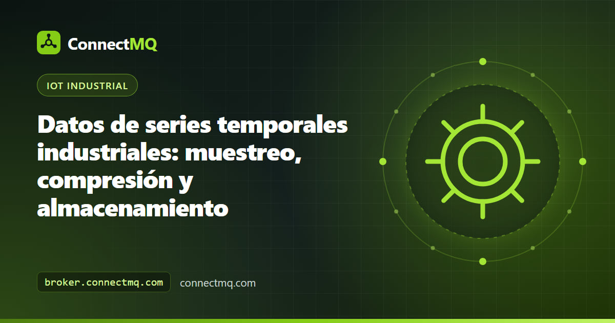 Gráfico de datos de series temporales industriales con muestras brutas de sensor, puntos comprimidos por deadband y niveles de almacenamiento del edge al historian