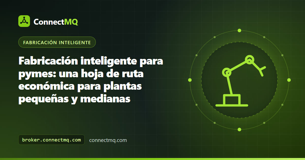 Ilustración de fabricación inteligente para pymes con un pequeño taller y algunas máquinas equipadas con sensores que envían datos a un broker MQTT en la nube y a un dashboard