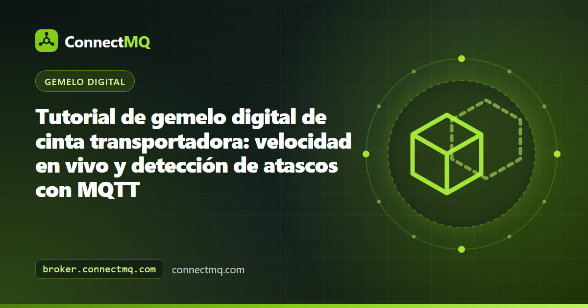 Gemelo digital de cinta transportadora con rodillos, paquetes y un aviso rojo de atasco controlados por datos MQTT en vivo